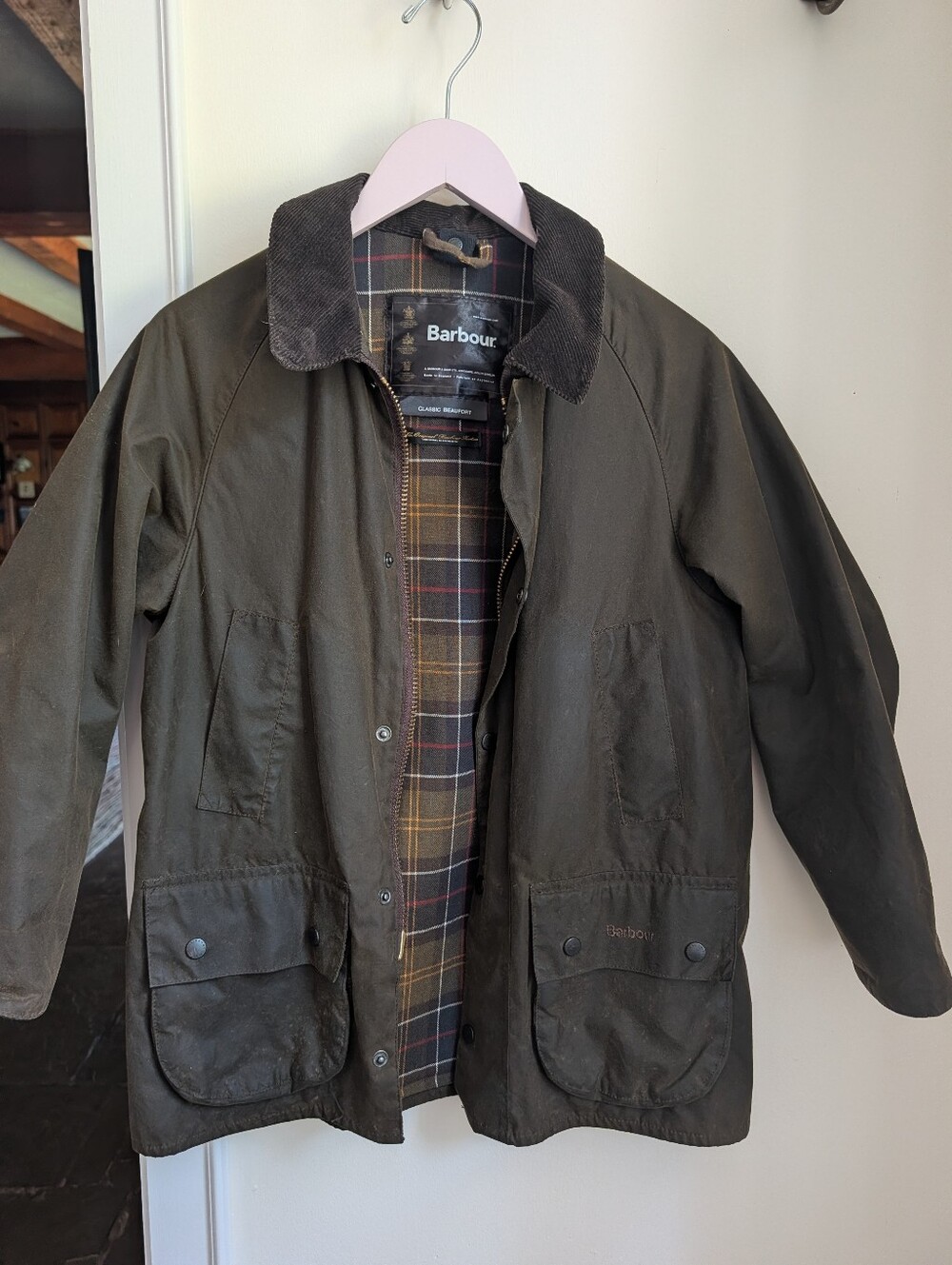 Barbour Dark Olive Green Waxed Cotton Raincoat with Corduroy Collar